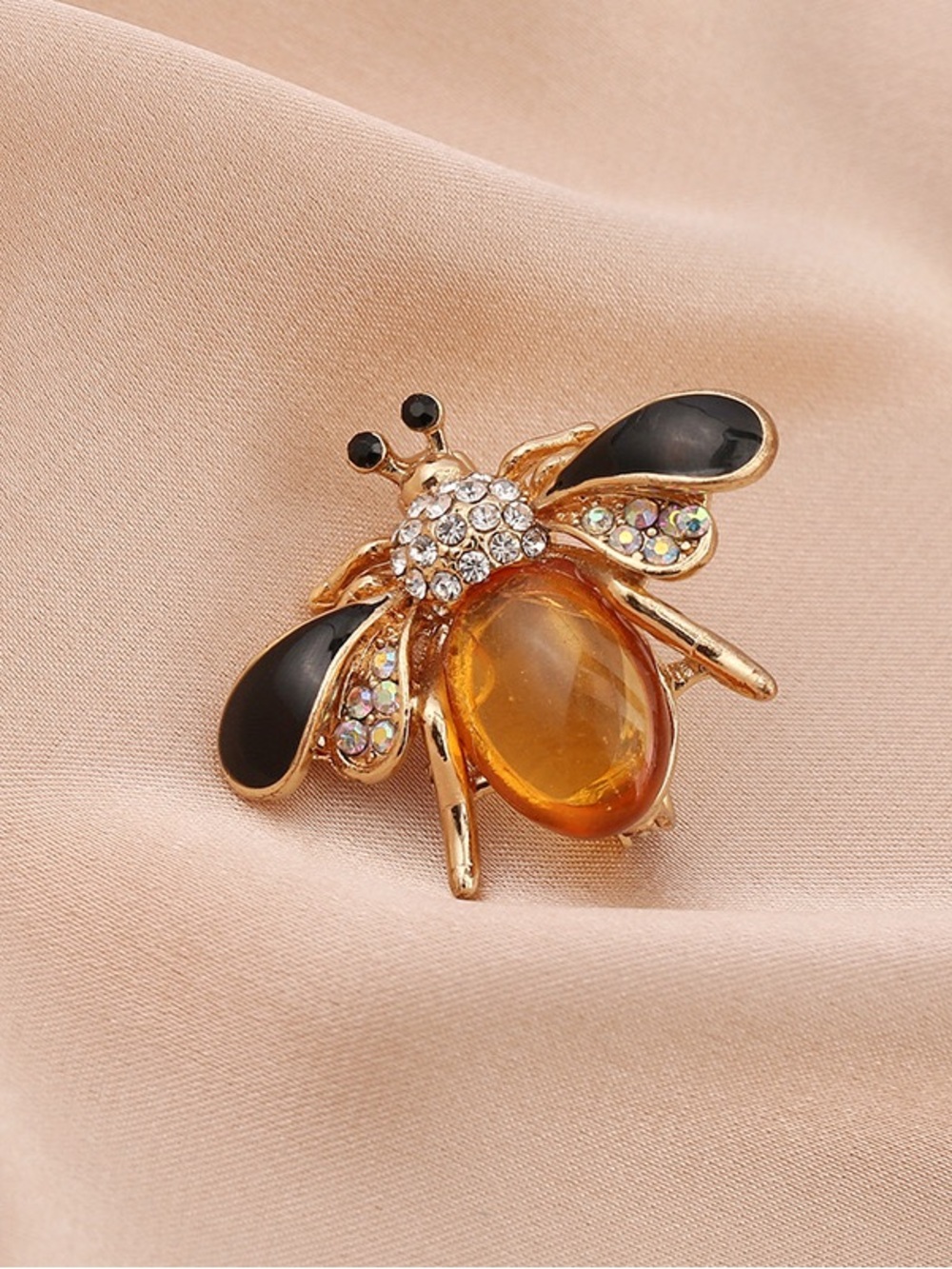 Gold Tone Bee Brooch with Amber Gemstone & Rhinestones – Black Enamel Insect Pin